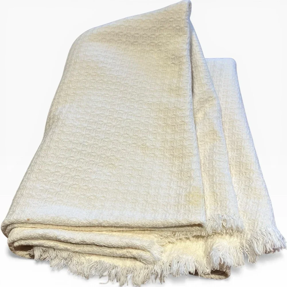 VTG Homespun Cotton Texture Fringe Tablecloth White 78